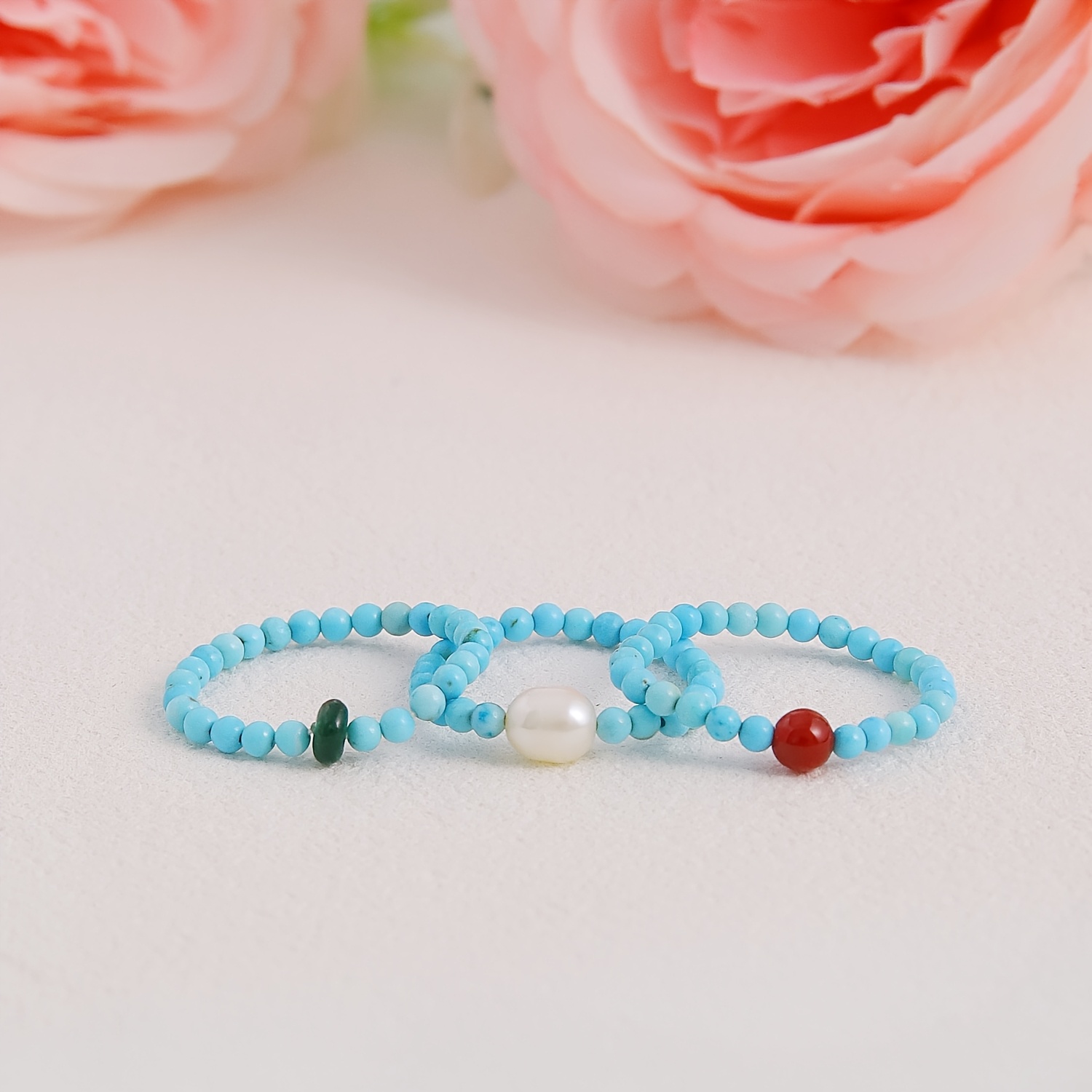 3pc Turquoise Blue Bead Stretch Rings Set for Women